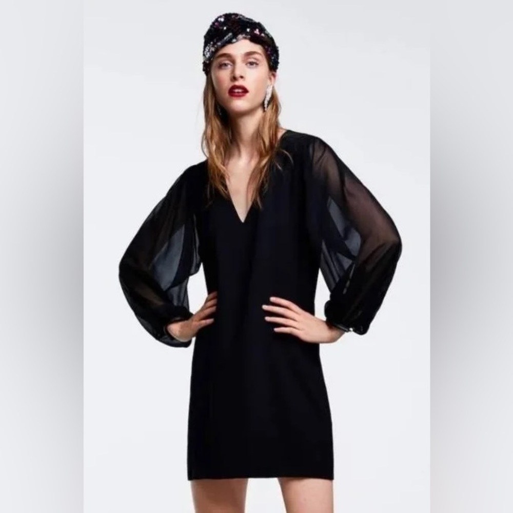 ZARA Black V Neck Dress Sheer Sleeves